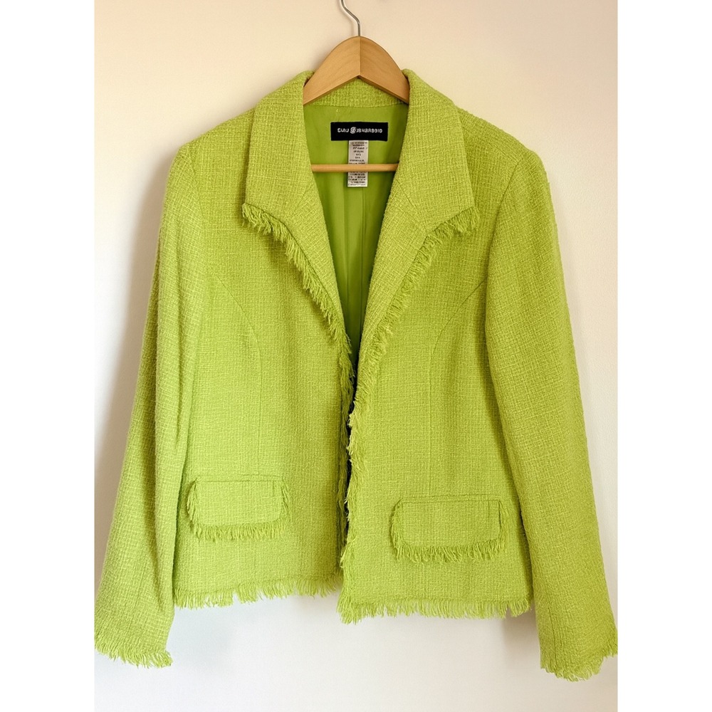 Vintage Sag Harbor sz 18 Womens Green Fringe Tweed Clasp Front Blazer Clueless